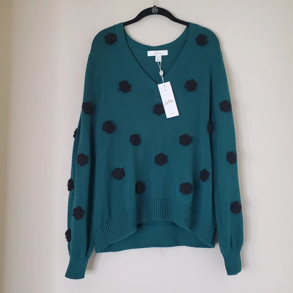 Lilly Pulitzer Wyla Sweater XL Villa Green Tossed Crochet Flowers VNeck Knit Pom
